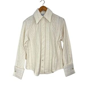 Vintage 70s Sears Crochet Lace Blouse Cream Sheer Cotton Button Front Sz 16